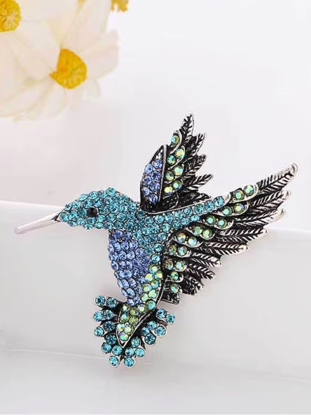 Anthropologie Turquoise & Teal Rhinestone Hummingbird Brooch